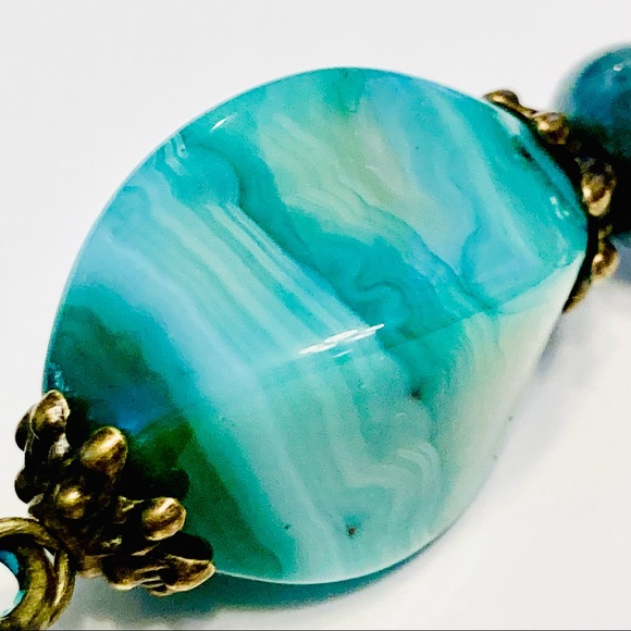 Teal Turquoise Patina Filigree Brass Heart Necklace w/ Onyx & Chrysocolla Stone - Picture 9 of 11